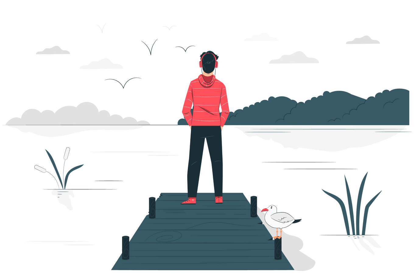 guy in red clothes with headphones looking at water on bridge